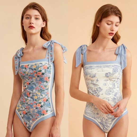 Retro Blue and White Floral Reversible Swimsuit with Shoulder Ties - Picture 2 of 16